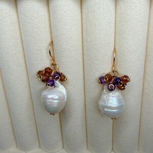 Baroque Pearl Amethyst and Garnet Drop Earrings